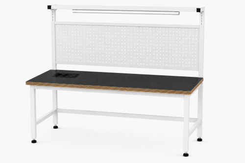 Stół warsztatowy BLOX Frame z metalową nadstawką, oświetleniem i modułem zasilającym Prostokąt 1200x600 mm, rozmiar 4-6, blat pokryty tworzywem polipropylenowym