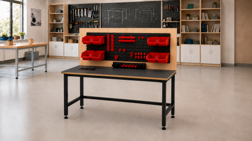 Stół warsztatowy BLOX Frame z nadstawką i modułem zasilającym Prostokąt 1600x600 mm, rozmiar 4-6, blat pokryty tworzywem polipropylenowym