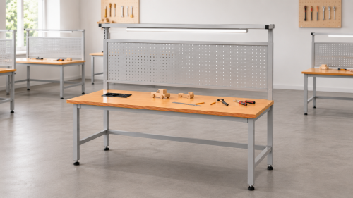 Stół warsztatowy BLOX Frame z metalową nadstawką, oświetleniem i modułem zasilającym Prostokąt 1200x600 mm, rozmiar 4-6, blat melaminowany